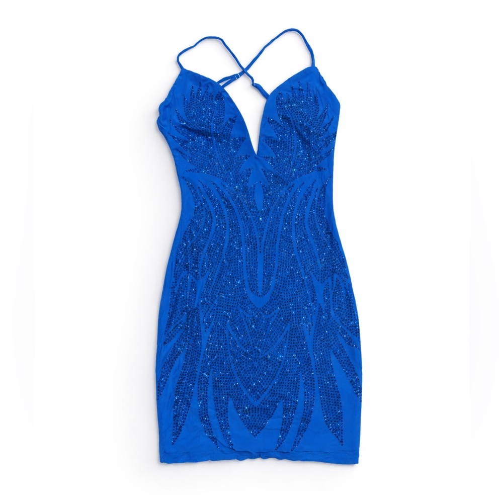 Fashion Nova Royal Blue Rhinestone Bodycon Mini Dress Large